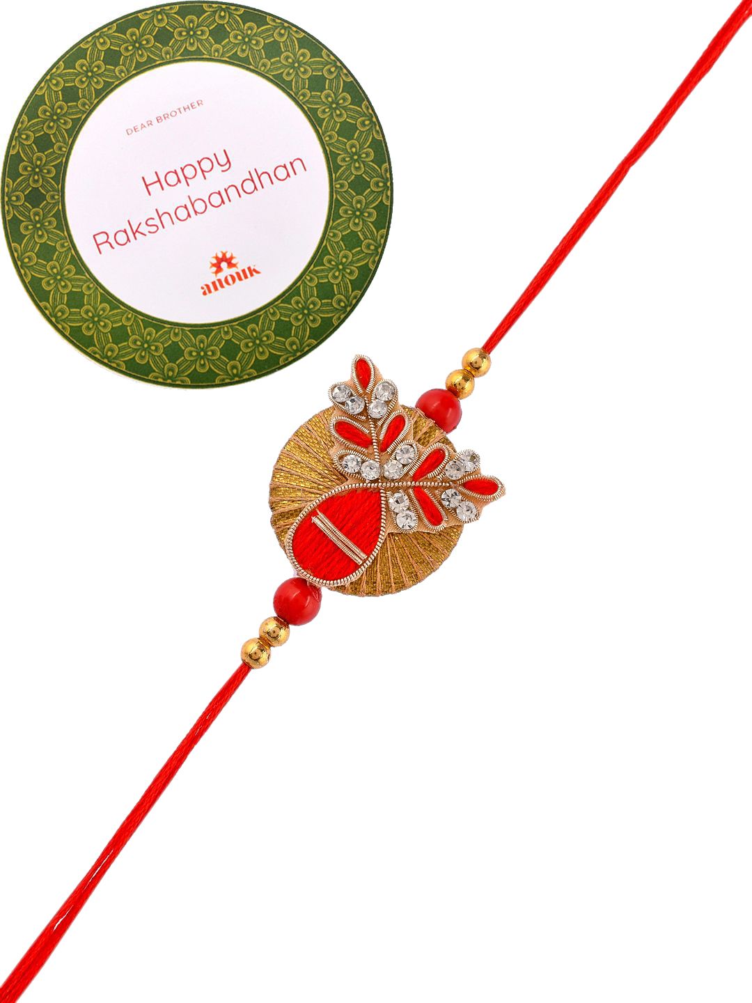 Dhiyona Red Beaded Rakhi With Roli Chawal & Greeting Card