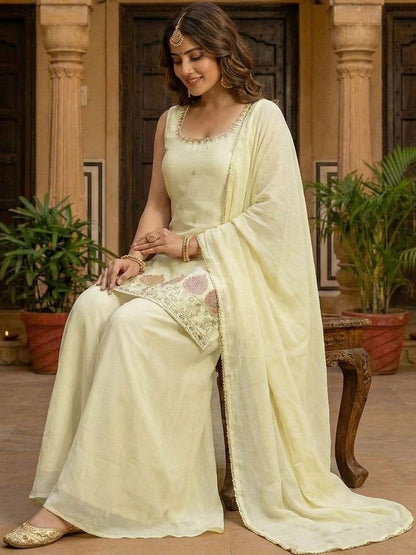 Dhiyona SN Embroidered Square Neck Kurta Palazzos & Dupatta