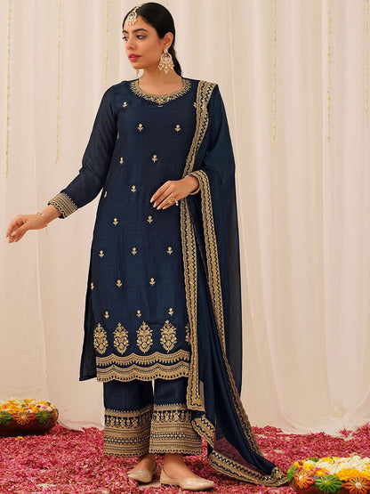 Dhiyona KL Ethnic Motifs Embroidered Sequinned Straight Kurta with Palazzo & Dupatta
