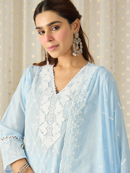 Women Embroidered Regular Thread Work Pure Cotton Kurta With Trousers & Dupatta