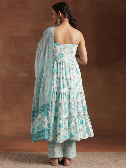 Women Floral Printed Tiered Kurti with Trousers & With Dupatta