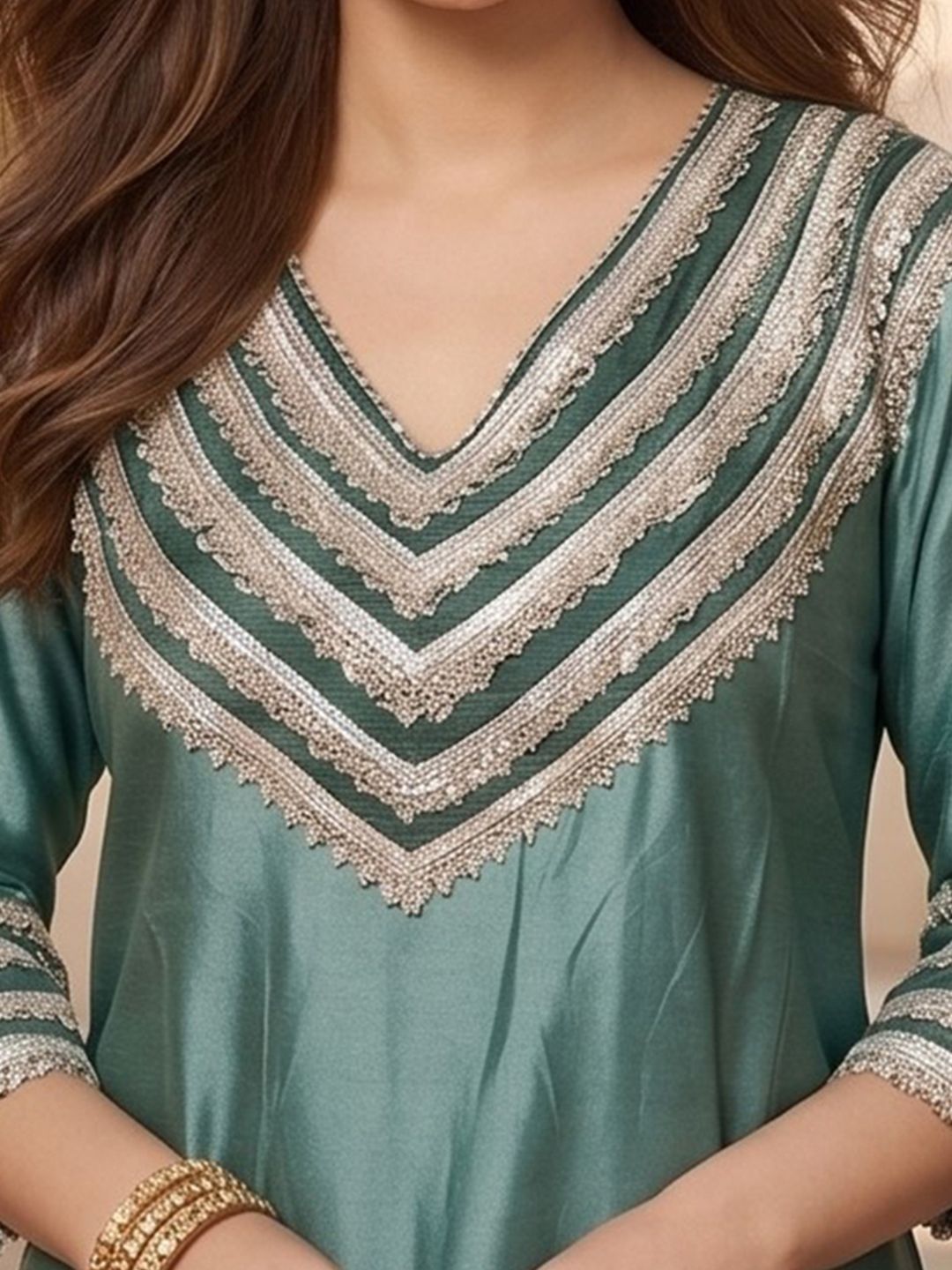 Sea Green Women Yoke Design Regular Kurta with Trousers