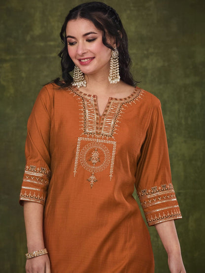 Embroidered Notched Neck Kurta & Trousers With Dupatta