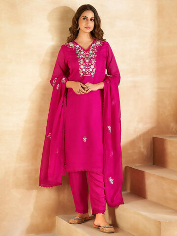 Women's Magenta Embroidered Straight Kurta Trousers With Dupatta set