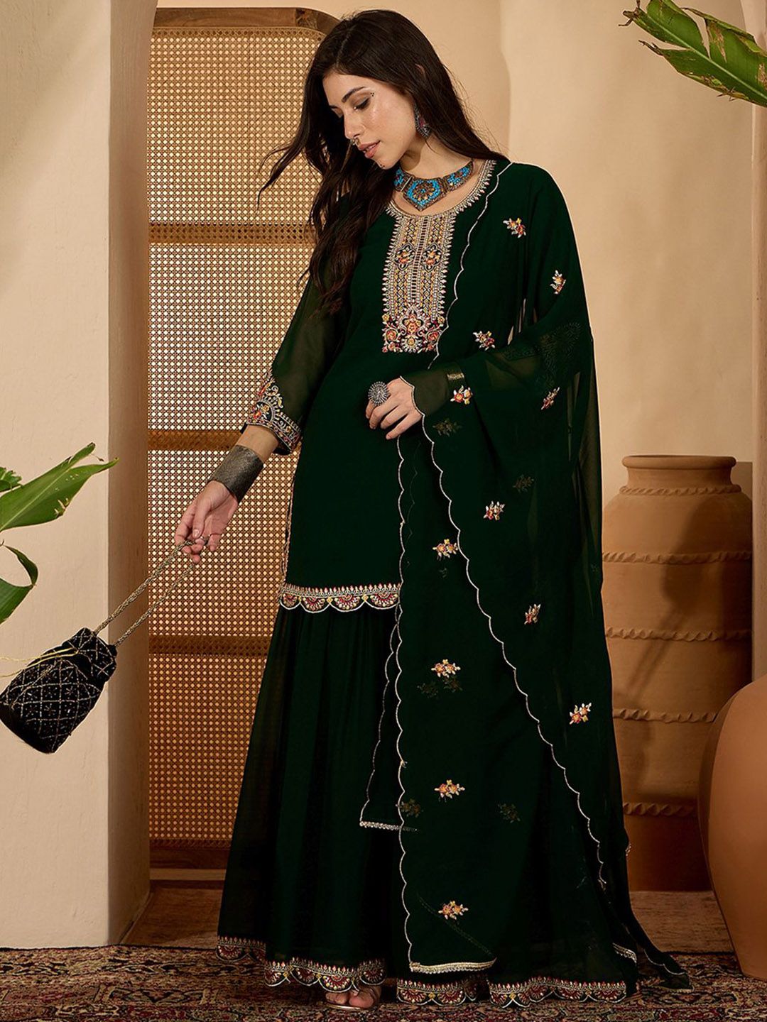 Dhiyona SN Women Zari Sequence Thread Embroidered Kurta & Sharara With Dupatta