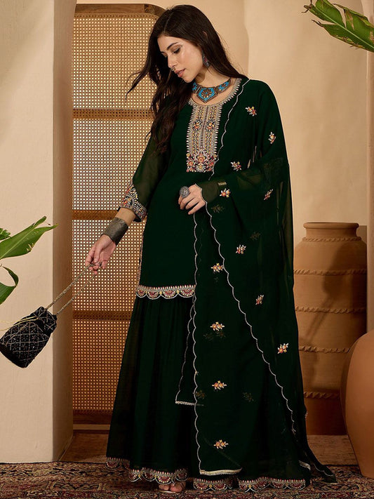 Dhiyona SN Women Zari Sequence Thread Embroidered Kurta & Sharara With Dupatta