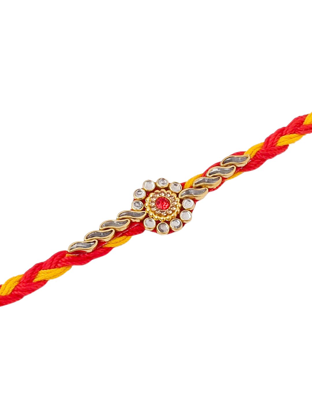 Dhiyona Set Of 3 Kundan Studded Thread Rakhis With Roli Chawal Chandan & Mishri
