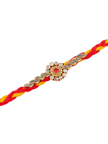 Dhiyona Set Of 3 Kundan Studded Thread Rakhis With Roli Chawal Chandan & Mishri