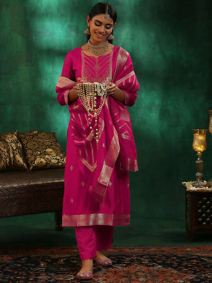 Women's LB Pink Woven Design Silk Blend Straight Suit With Dupatta