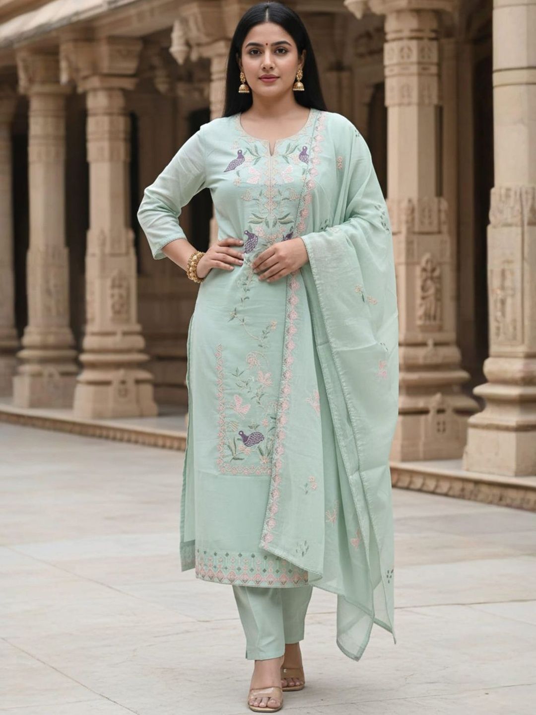 Floral Embroidered Thread Work Pure Cotton Straight Kurta & Trousers With Dupatta