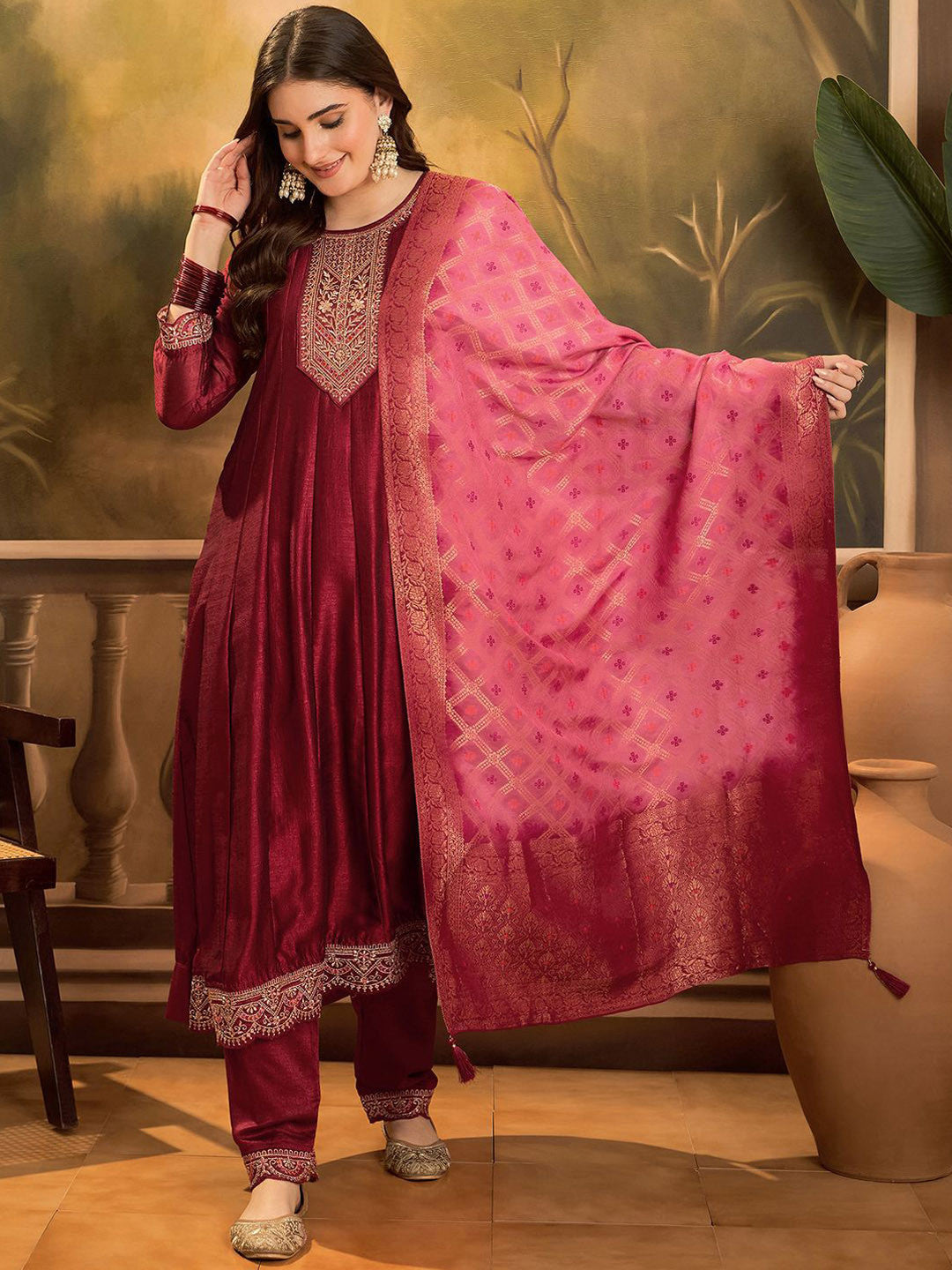 Dhiyona SN Zari & Sequin Embroidered A-Line Kurta & Trousers With Dupatta