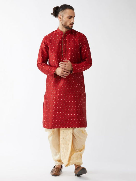 Men's Maroon Silk Blend Straight Kurta and Dhoti Set