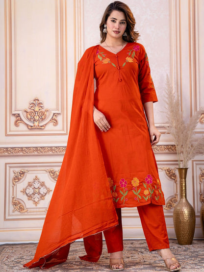 Embroidered Pure Cotton V-Neck Kurta & Trousers With Dupatta
