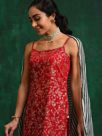 Dhiyona SN Red & White Floral Printed Zari Georgette Straight Kurta With Palazzo & Dupatta
