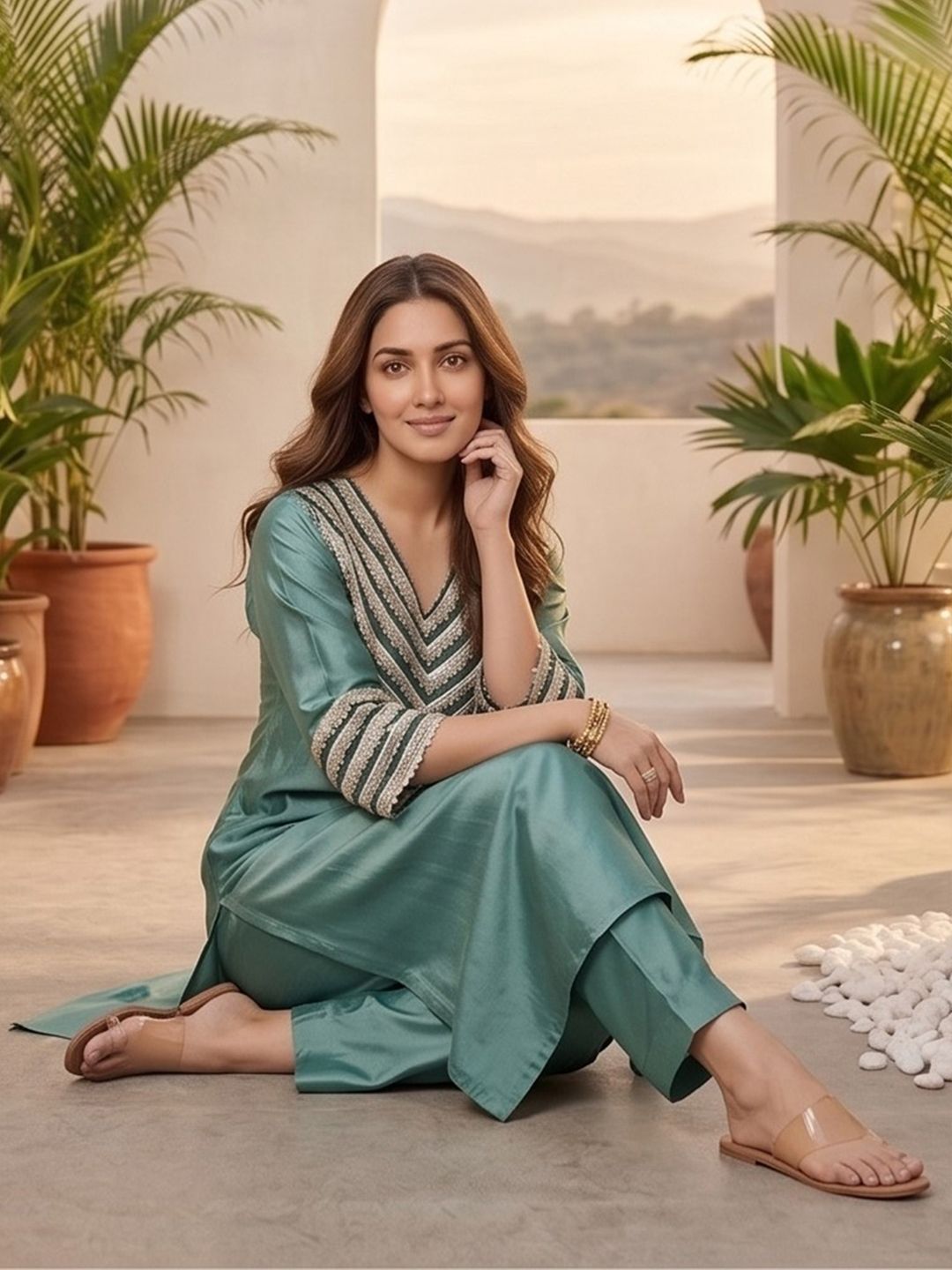 Sea Green Women Yoke Design Regular Kurta with Trousers