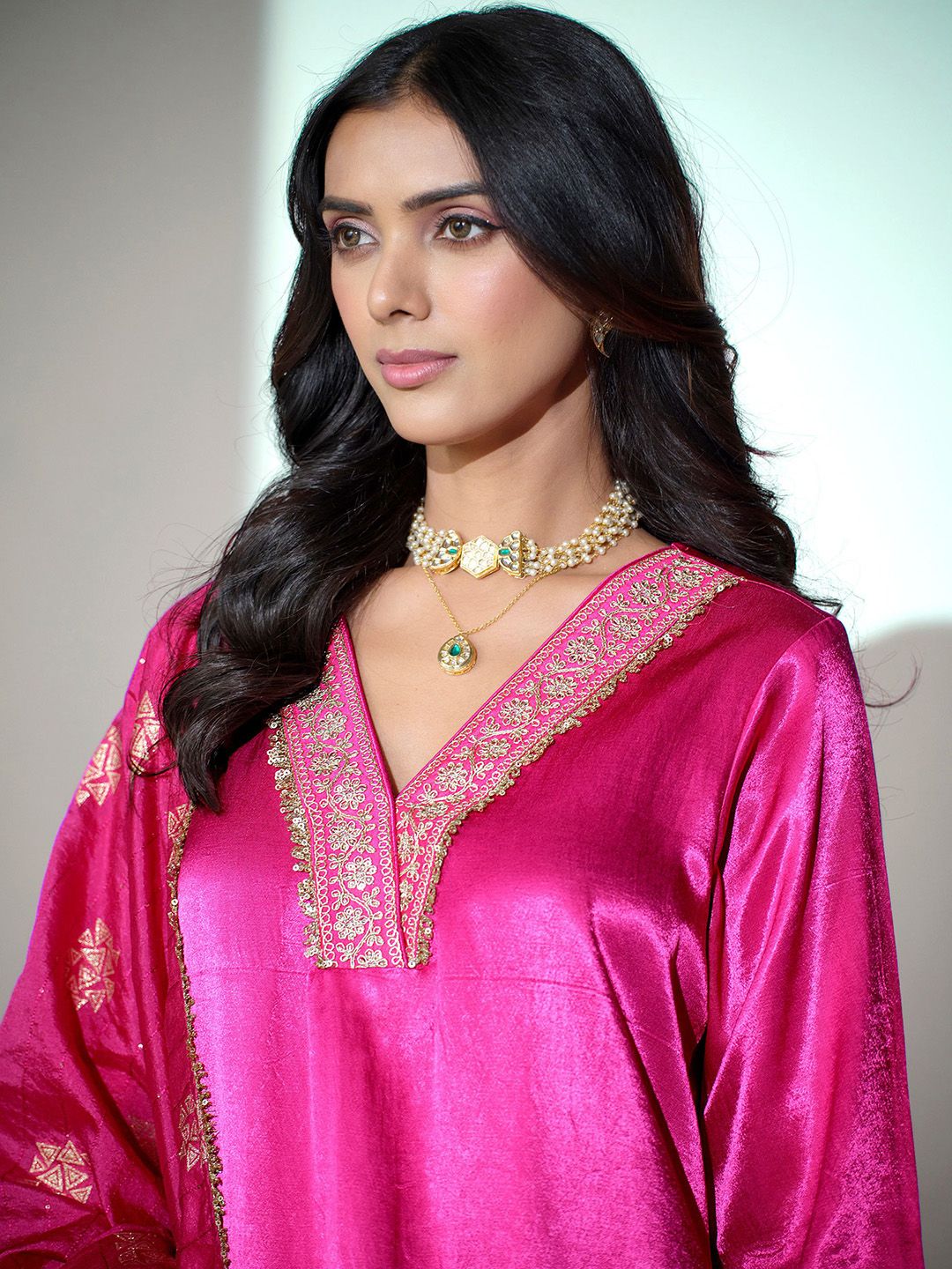 Dhiyona SN Floral Yoke Design V-Neck Sequinned Satin Kurta With Palazzos & Dupatta