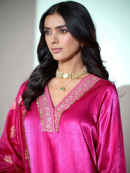 Dhiyona SN Floral Yoke Design V-Neck Sequinned Satin Kurta With Palazzos & Dupatta