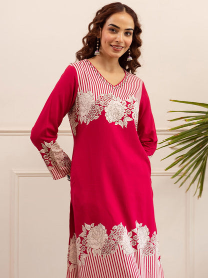 Floral Printed Sequinned V-Neck Straight Kurta & Palazzos