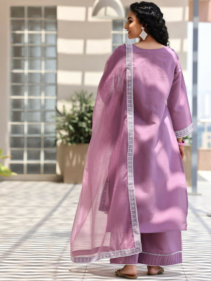 Women's LB Mauve Embroidered Silk Blend Straight Suit With Dupatta