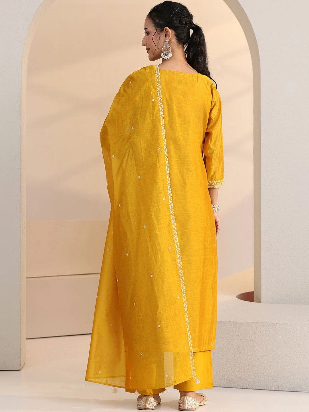 Yellow Floral Embroidered Chanderi Silk Straight Suit Set