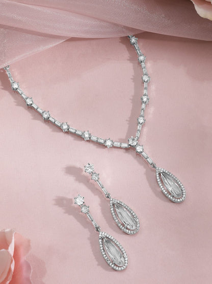 Dhiyona RJ Women's Rhodium Plated AD & Cubic Zirconia Studded Teardrop Statement Jewellery Set