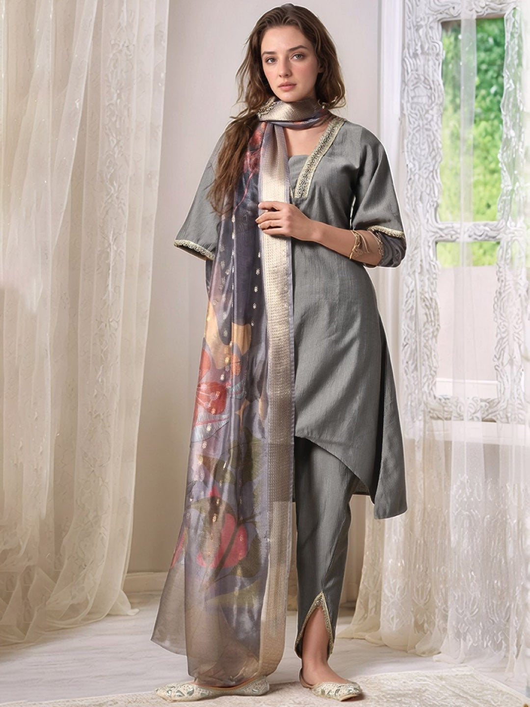 V-Neck A-Line Kurta With Dhoti Pants & Dupatta
