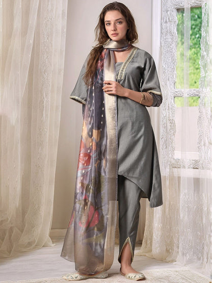 V-Neck A-Line Kurta With Dhoti Pants & Dupatta