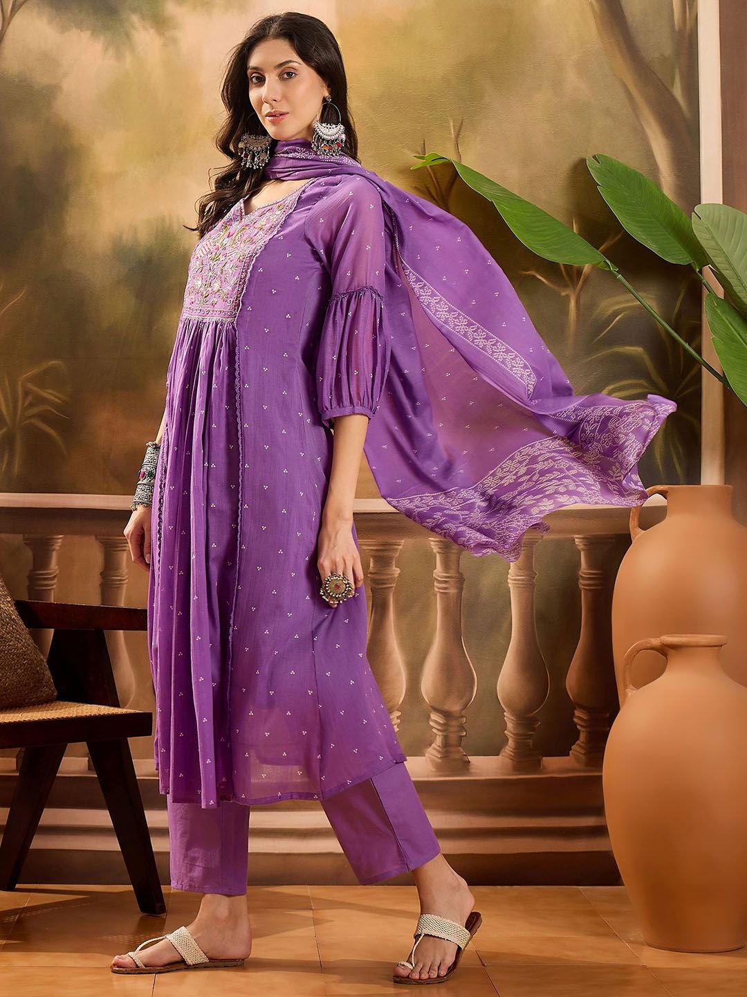 Dhiyona SN Women's Thread Embroidered Pure Cotton Anarkali Kurta With Trousers & Dupatta