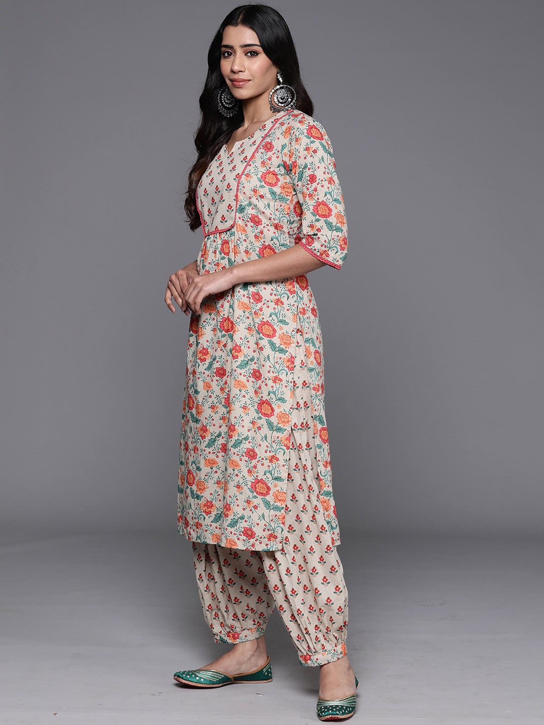 Floral Printed Notch Neck Straight Kurta With Salwar