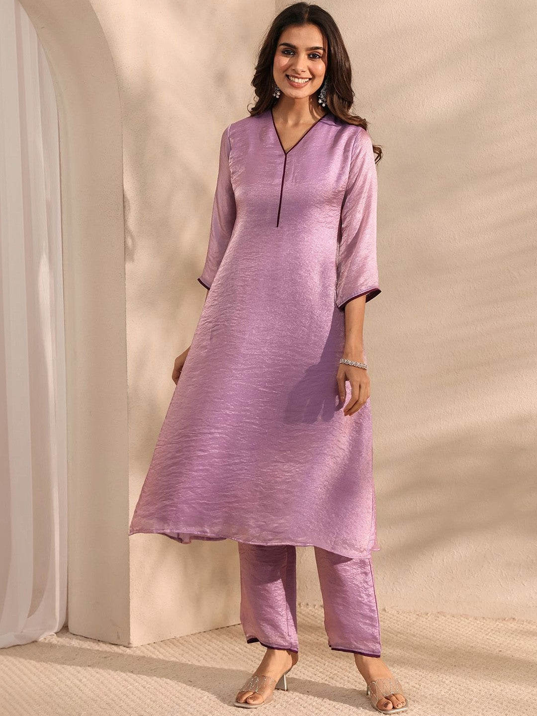 Purple Solid Silk Blend A-Line Kurta Set
