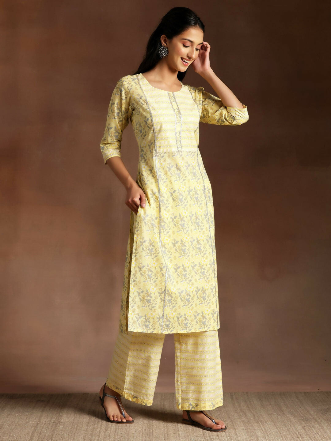 Women's LB Yellow Printed Cotton Straight Suit With Dupatta