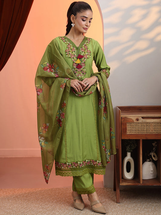 Floral Embroidered V-Neck Sequinned Straight Kurta With Trousers & Dupatta