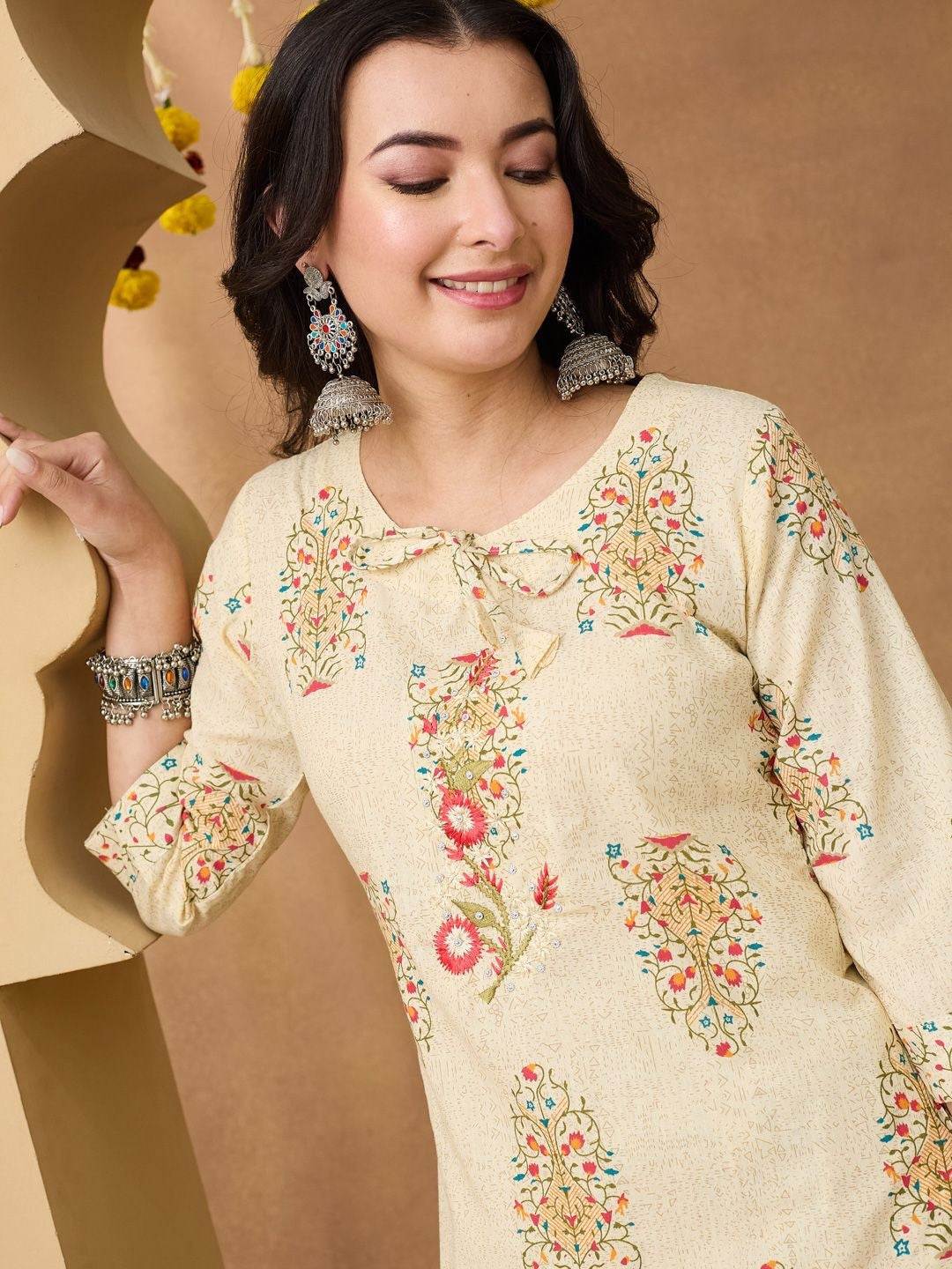 Beige Floral Cotton Printed Tie Neck Embroidery Kurta Trousers & Tasseled Dupatta