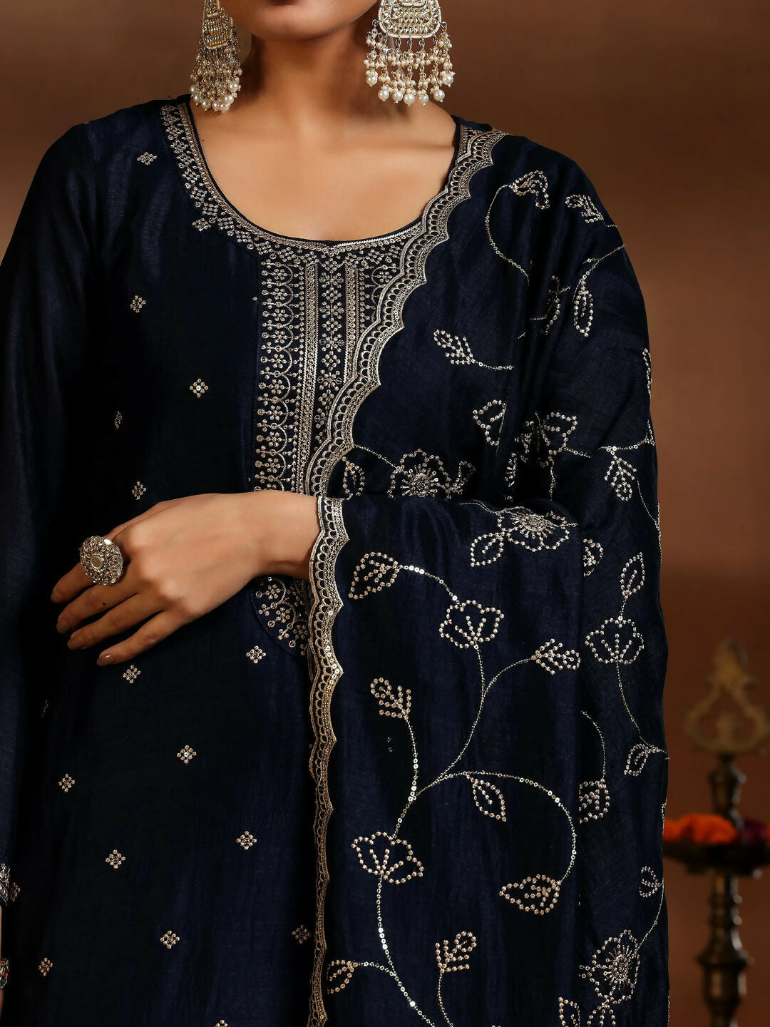 Women's LB Blue Embroidered Silk Blend Straight Suit With Dupatta