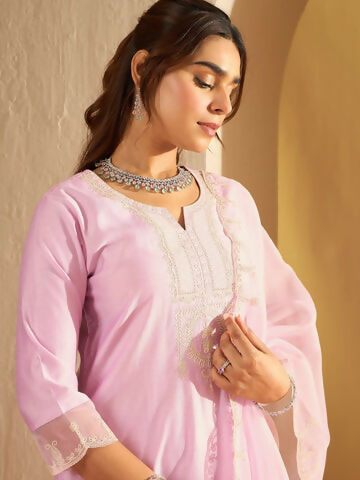 Women's Lavender Embroidered Straight Kurta Trousers With Dupatta Set