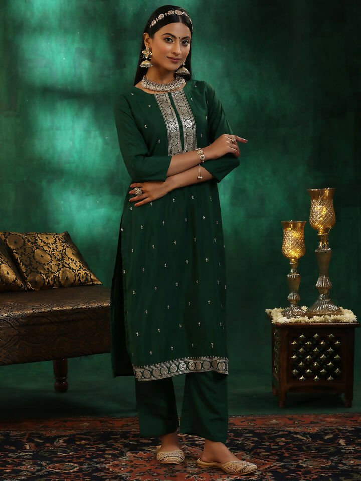 Women's LB Green Self Design Silk Blend Straight Suit With Dupatta