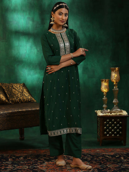 Women's LB Green Self Design Silk Blend Straight Suit With Dupatta