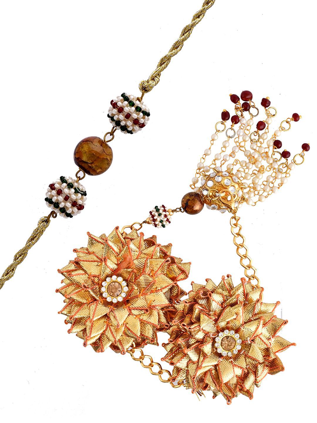 Dhiyona Gold-Toned Beaded Bhaiya Bhabhi Rakhi With Roli Chawal & Greeting Card