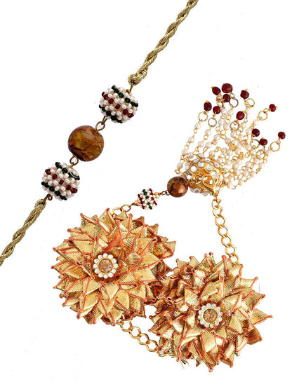 Dhiyona Gold-Toned Beaded Bhaiya Bhabhi Rakhi With Roli Chawal & Greeting Card
