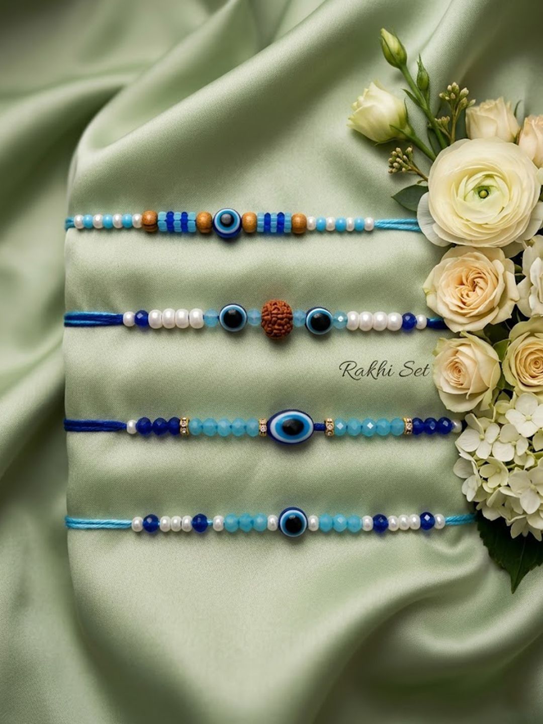 Dhiyona Set Of 4 Blue Evil Eye Thread Rakhi With Roli Chawal Chandan Mishri