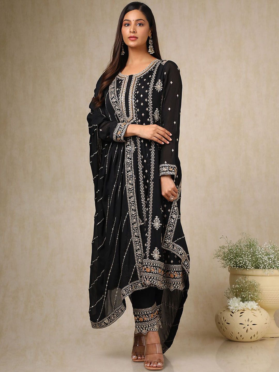 Dhiyona SO Women's Women Ethnic Motifs Embroidered Angrakha Sequinned Kurta with Trousers & With Dupatta