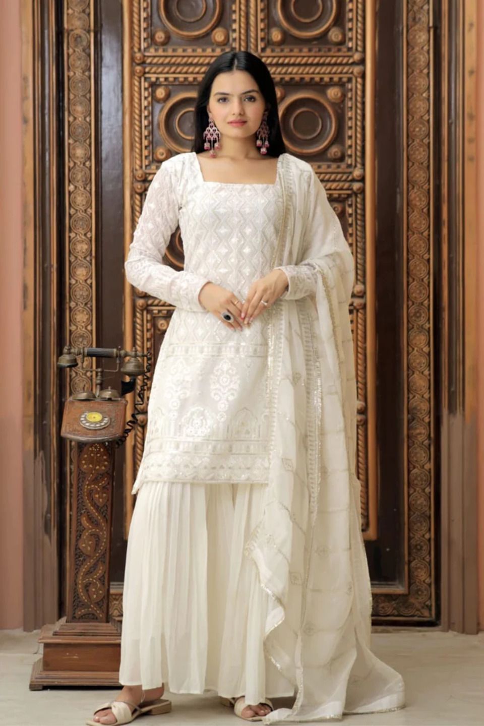 Dhiyona KL Chevron Embroidered Thread Work Georgette Straight Kurta with Sharara & Dupatta