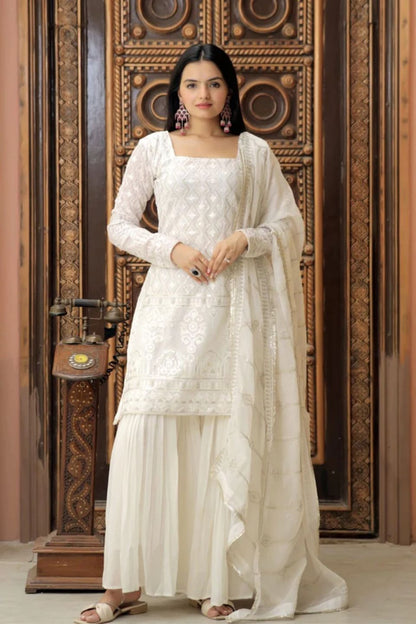 Dhiyona KL Chevron Embroidered Thread Work Georgette Straight Kurta with Sharara & Dupatta