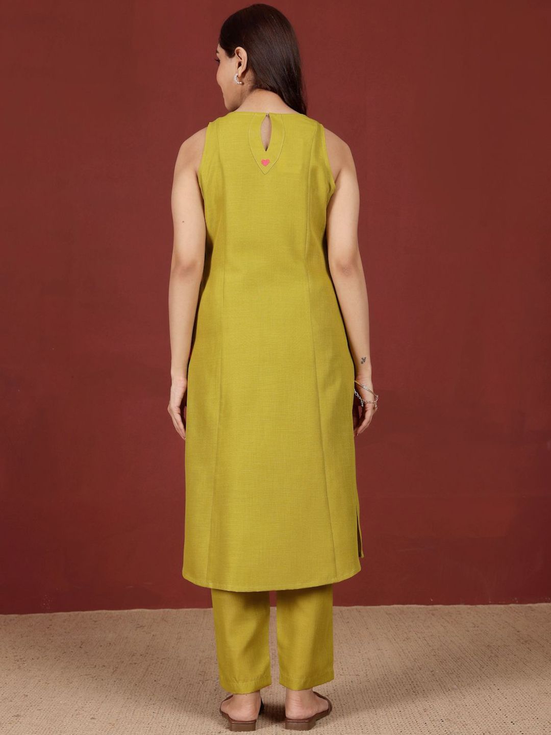 Lime Green Round Neck Straight Kurta With Trousers