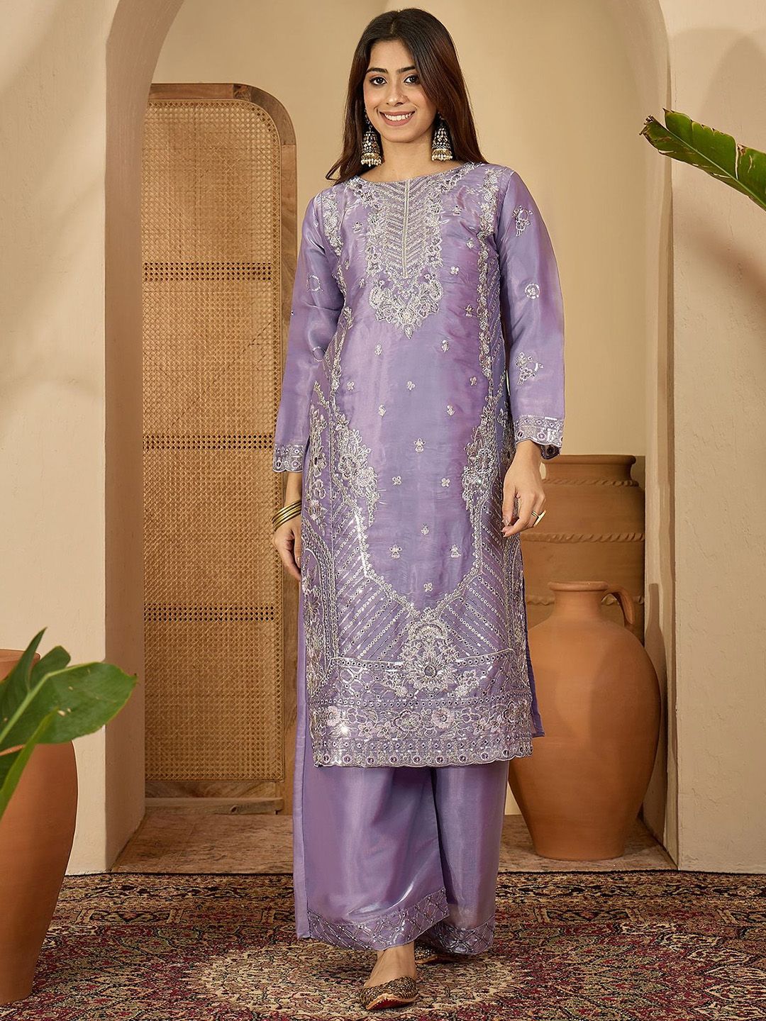 Dhiyona SN Women Floral Embroidered Silk Kurta with Palazzos & Dupatta