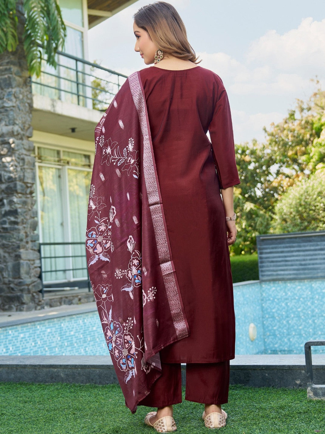 Embroidered V-Neck Kurta & Trousers With Dupatta