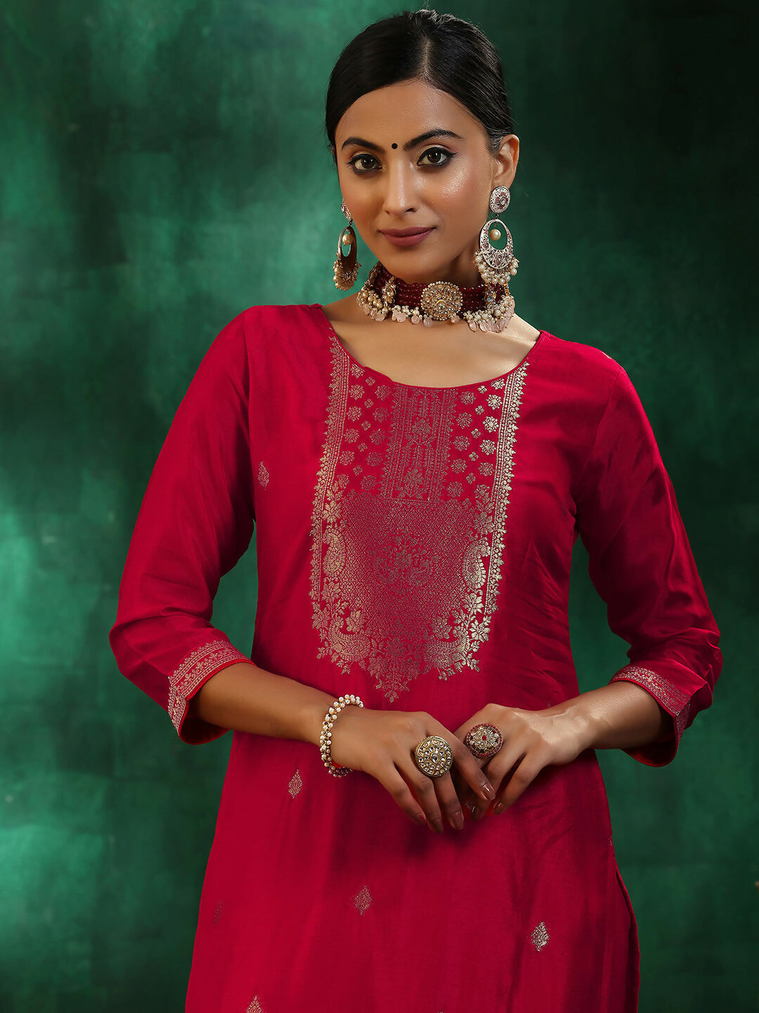 Women's LB Red Woven Design Silk Blend Straight Suit With Dupatta