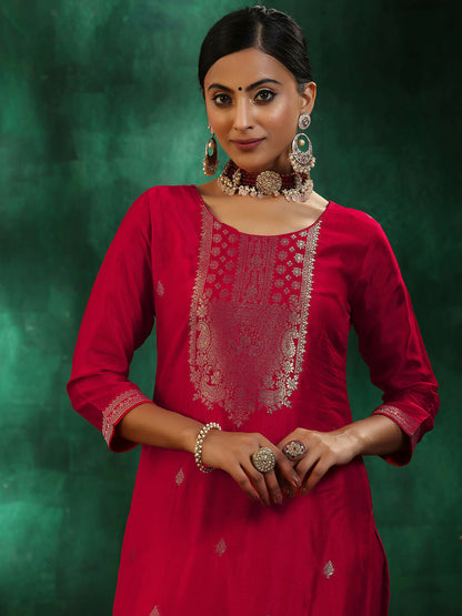 Women's LB Red Woven Design Silk Blend Straight Suit With Dupatta