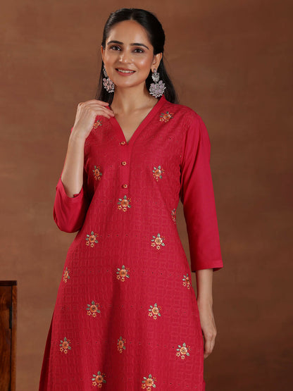 Women's LB Pink Embroidered Cotton Straight Suit With Dupatta