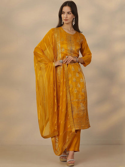 Dhiyona LL Women Ethnic Motifs Embroidered Regular Thread Work Kurta with Palazzos & With Dupatta